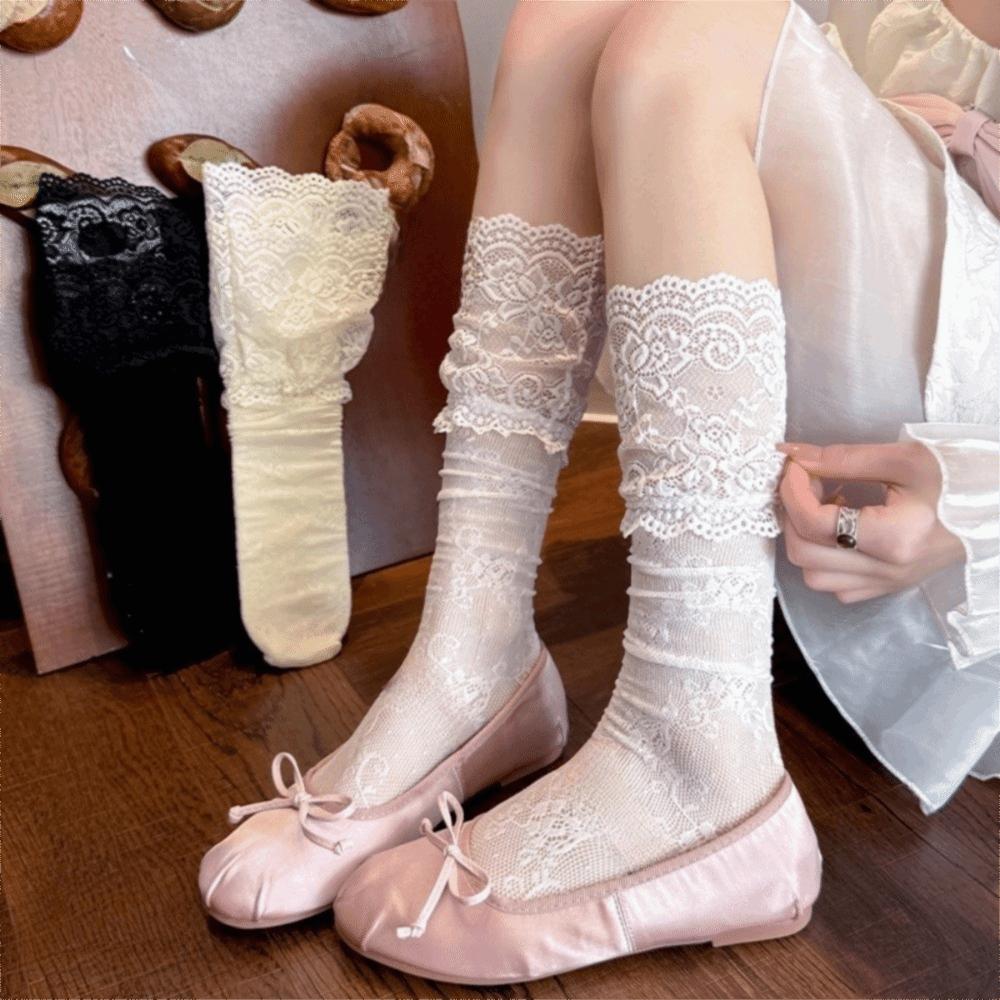 Y2K Over The Knee Stockings Floral Lace Fishnet Stockings Sweet Thigh High Stockings  Lolita Style