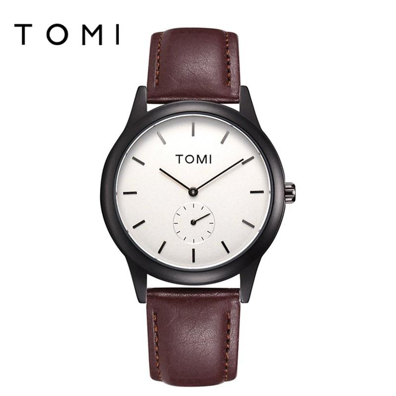 TOMI T088 Часы наручные унисекс с кожаным ремешком и стеклянным циферблатом, деловой стиль. Заводская цена. Простой дизайн, элегантный стиль. Кварцевые часы для мужчин