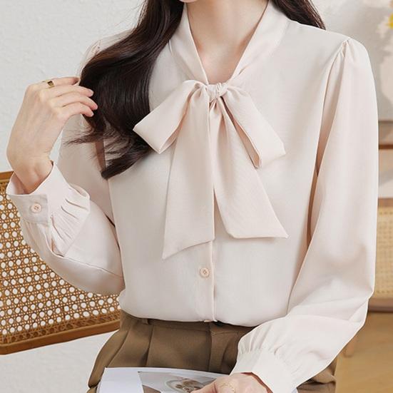 Женская рубашка со шнуровкой и бантом на воротнике, с длинным рукавом, повседневная рубашка, однотонная, свободная, шифоновая рубашка, топы, повседневная одежда