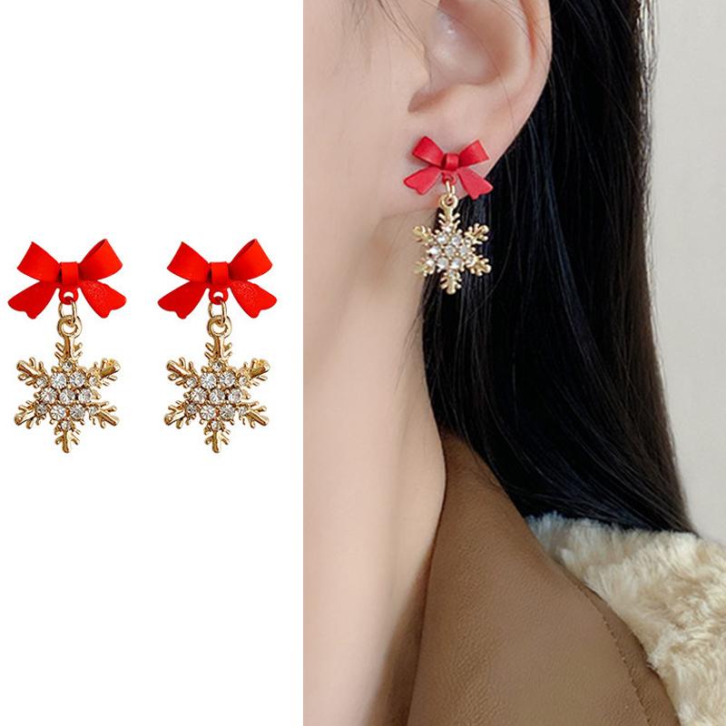 Ins модные красные серьги со снежинками и бантом для женщин, корейские украшения для ушей, рождественские новые золотые серьги-подвески со снегом