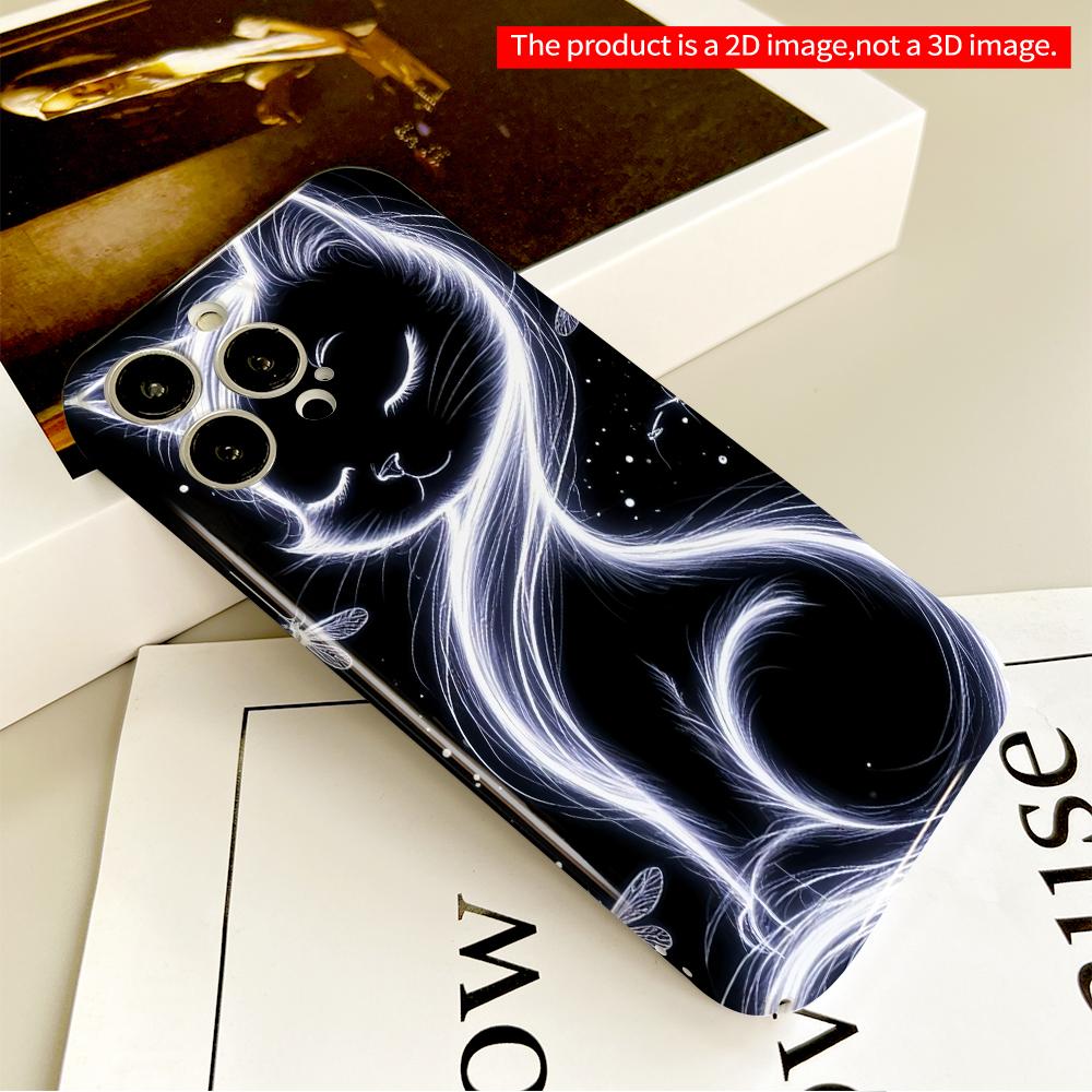 2DFlat Glowing White Cat & Fireflies Night Art Phone Case All inclusive film hard phone case, compatible with iPhone 18 Pro Max 17 16 15 14 13 12 11
