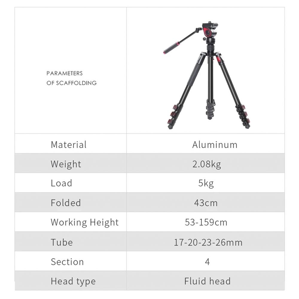 Miliboo MUFA-BK 62.6-inch Foldable Tripod Camera Stand with Fluid Tripod Head Aluminum Alloy 5kg/