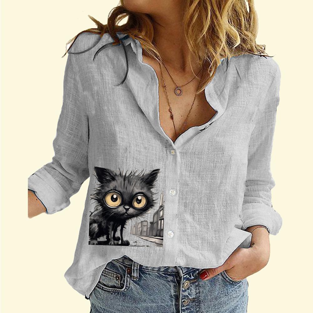 Женская модная рубашка на пуговицах, повседневная, тонкая, с длинным рукавом, женская рубашка из хлопка и льна с принтом кота