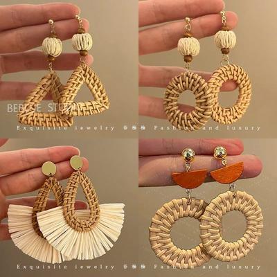 ALIYA exaggerated handmade ретро ротанг рафия геометрические серьги этнический стиль летние пляжные женские серьги с кисточками
