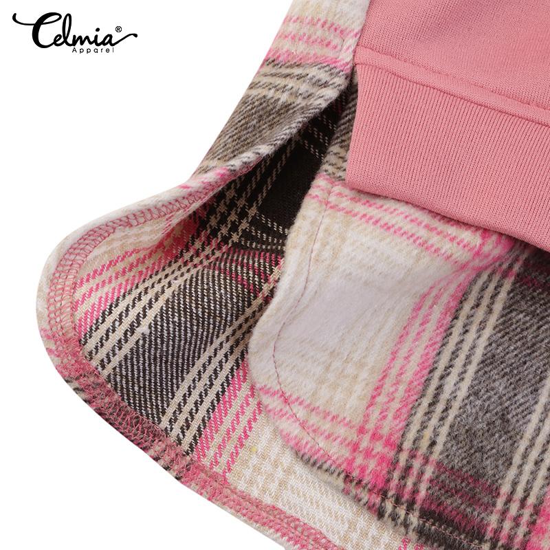 Celmia Autumn Women Plaid Long Sleeved Patchwork Casual Loose Hoodies Sweatshirts