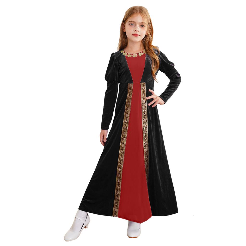Kids Girls Medieval Costume Renaissance Princess Dress Velvet Long Sleeve Maxi Dress Cosplay Halloween Carnival Party Dress Up