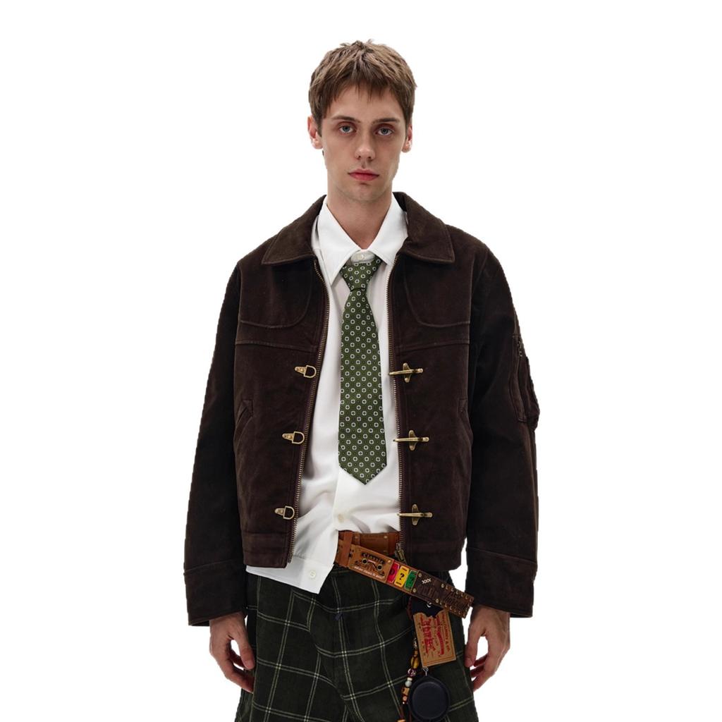 Autumn and Winter New Dark Brown American Retro Short Coat Men's Ruffian Handsome Front Shoulder Do Old Lapel Plane Buckle Jacket