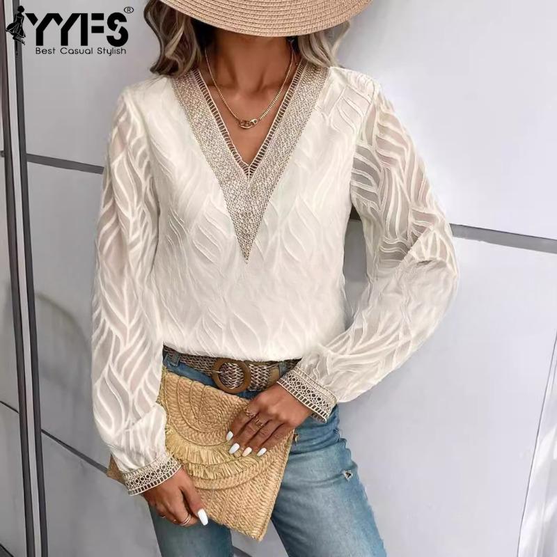 YYFS Женские модные повседневные весенне-осенние однотонные блузки и рубашки с v-образным вырезом и длинным рукавом с принтом