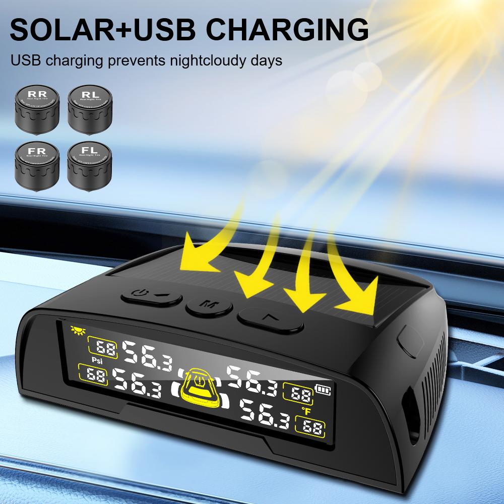 USB / Солнечный TPMS Цифровой дисплей Монитор температуры шин 0-6.8 бар 4 Внешних датчика Система контроля давления в шинах автомобиля Универсальная