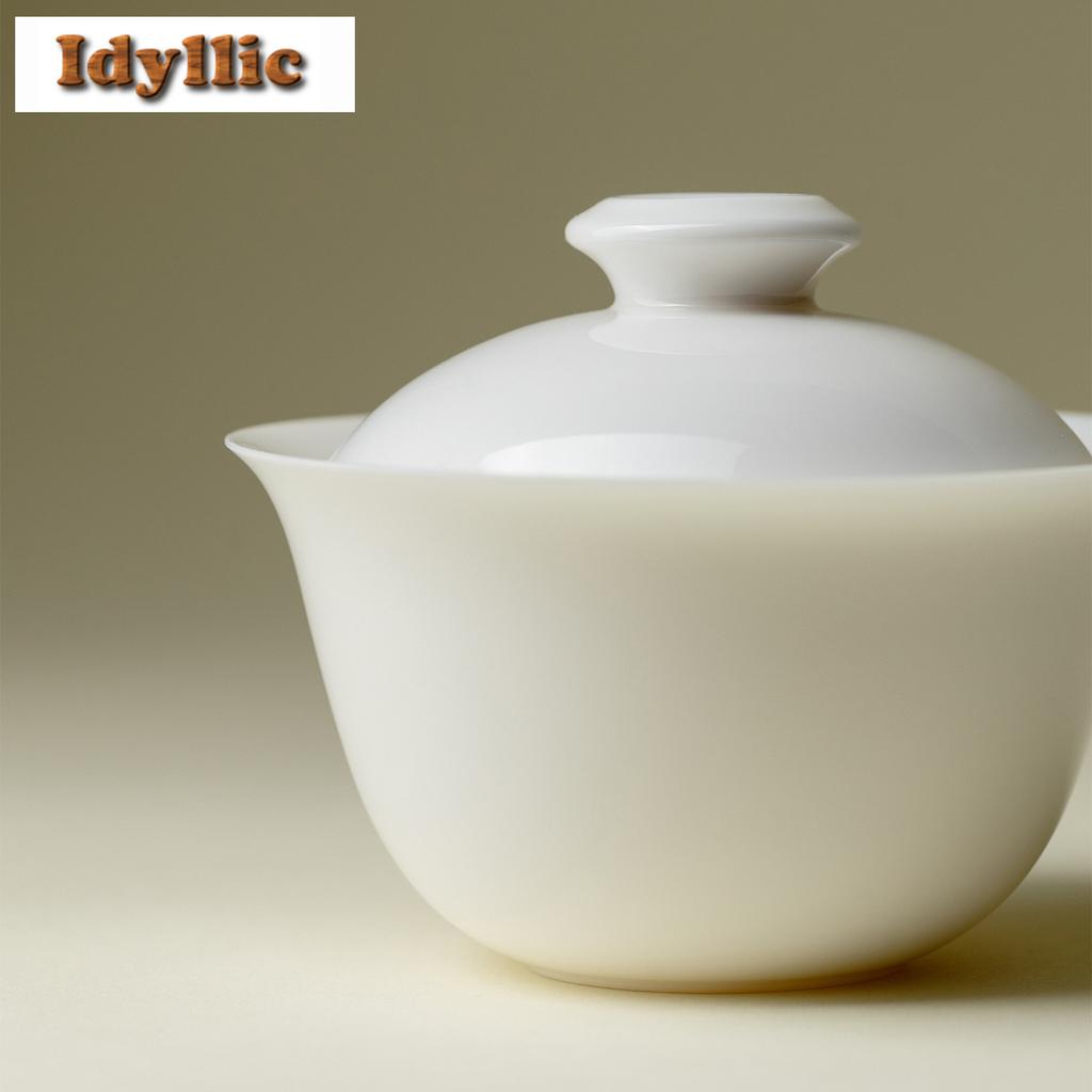 120 мл Фарфоровый гайвань из жадеитовой глины с глазурью цвета сладкого белого, эстетичная чайная турина, чайная чаша с крышкой, набор, крышка-чаша для заваривания чая, чайная посуда, подарок