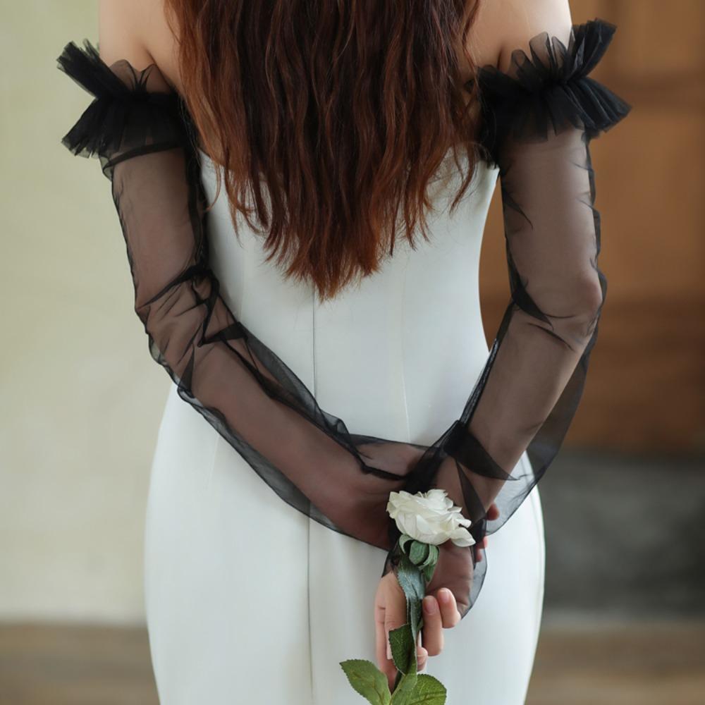 Korean Style Wedding Long Sleeves Solid Color Pleated Lace Arm Covers Bridal Arm Sleeves Female