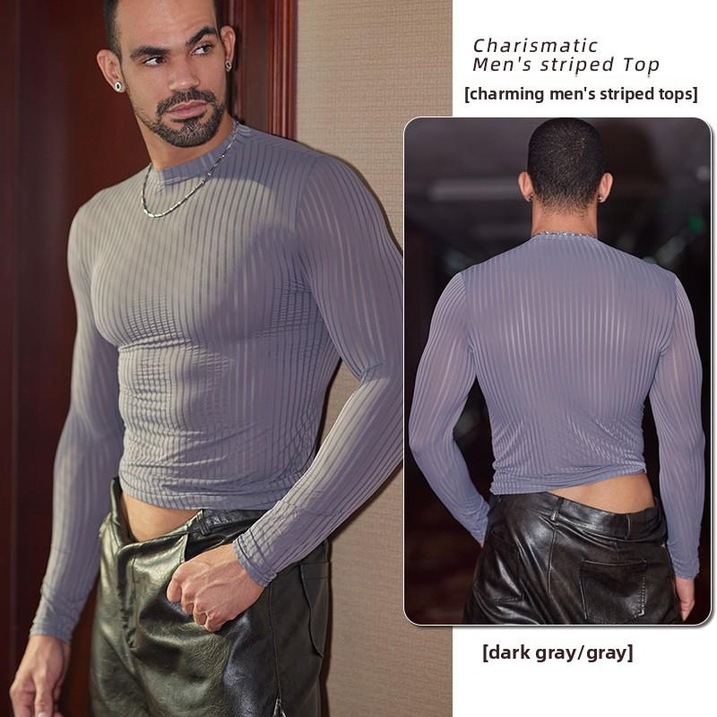 The temptation of desire men's top striped thin transparent high elastic silky smooth long-sleeved T-shirt strong man slim nightclub