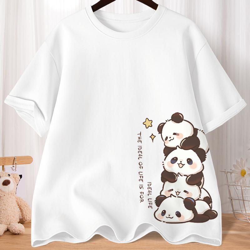 Summer Cartoon Cute Treasure Panda Sweet Printed Short Sleeve T-shirt Women's Loose Leisure Soft Bottom Oversized Shirt Top