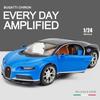 1:24-масштабная модель автомобиля Bugatti Chiron, игрушки для мальчиков, игрушки в возрасте от 3 до 12 лет, транспортные средства с откатным механизмом, музыкальными дверями и открывающимся капотом