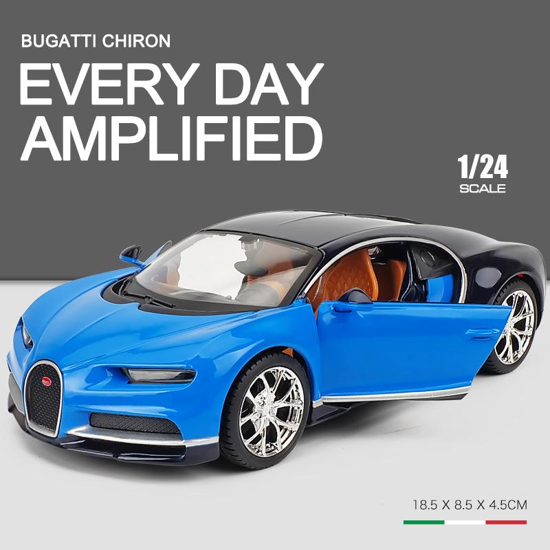 1:24-масштабная модель автомобиля Bugatti Chiron, игрушки для мальчиков, игрушки в возрасте от 3 до 12 лет, транспортные средства с откатным механизмом, музыкальными дверями и открывающимся капотом