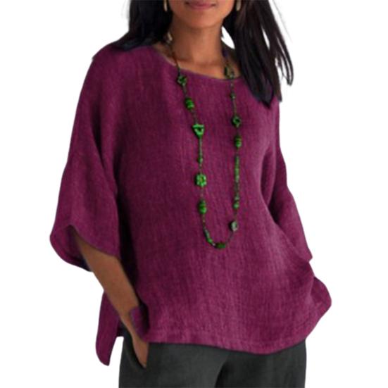 Women Blouse Solid Color Side Split Summer Crew Neck Loose-fitting Shirt Streetwear