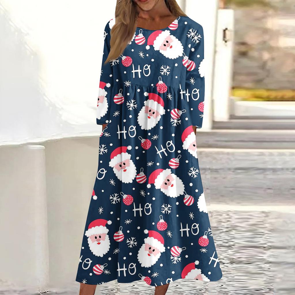 Women's Casual Round Neck Christmas Print Midi Dress Long Sleeve Pocket Dress