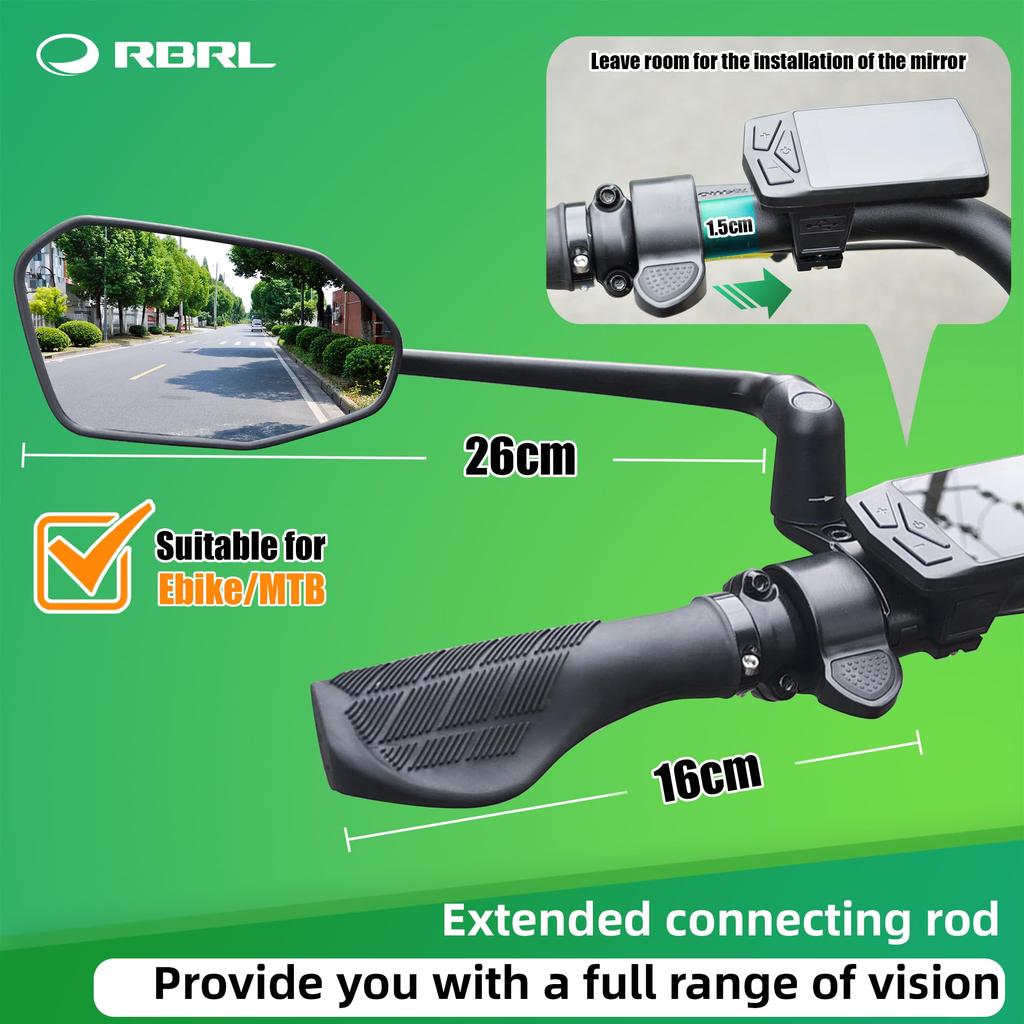 RBRL Folding Aluminum Alloy Bicycle Handlebar and HD Glass Electric Bicycle Rearview Mirror Mirror, Mount, Anti-Vibration Shatter-Resistant,