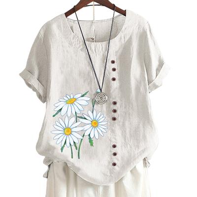 Женская хлопковая повседневная футболка с 6 рисунками животных и растений, круглым вырезом, короткими рукавами, украшением на пуговицах