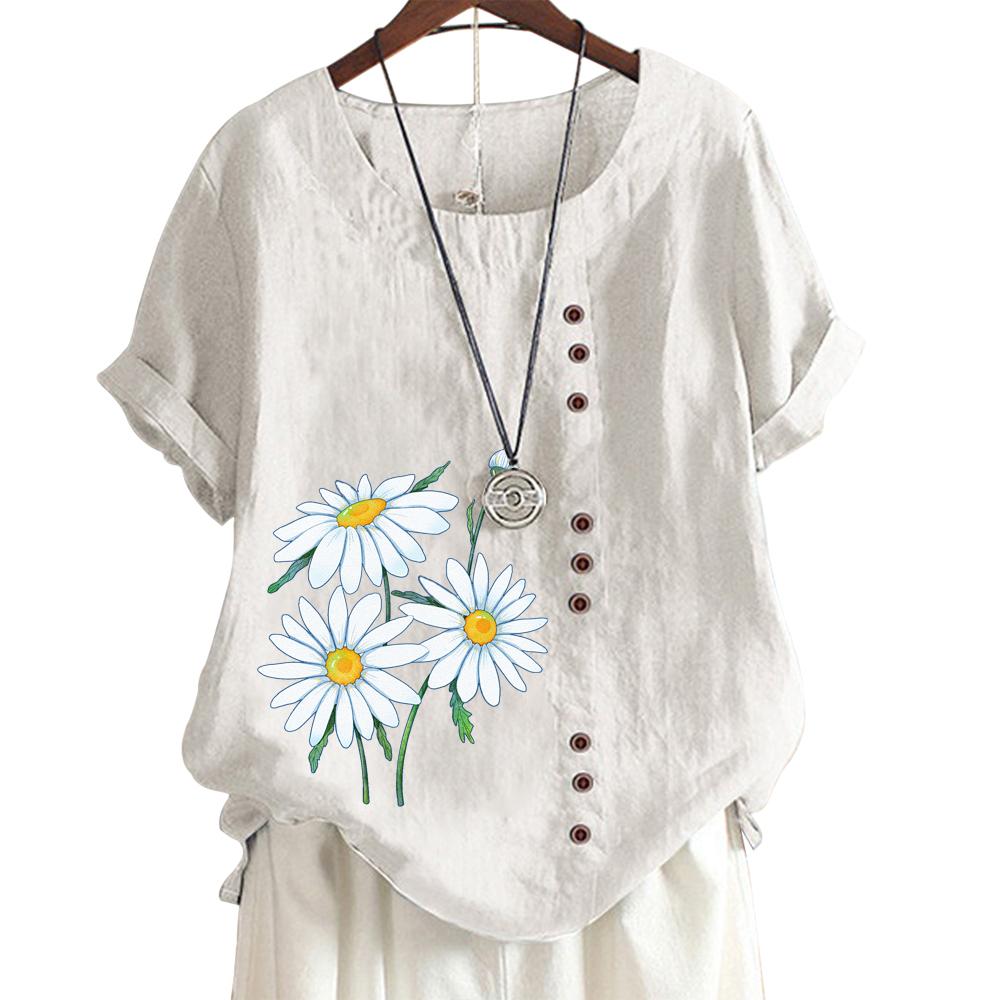 Женская хлопковая повседневная футболка с 6 рисунками животных и растений, круглым вырезом, короткими рукавами, украшением на пуговицах