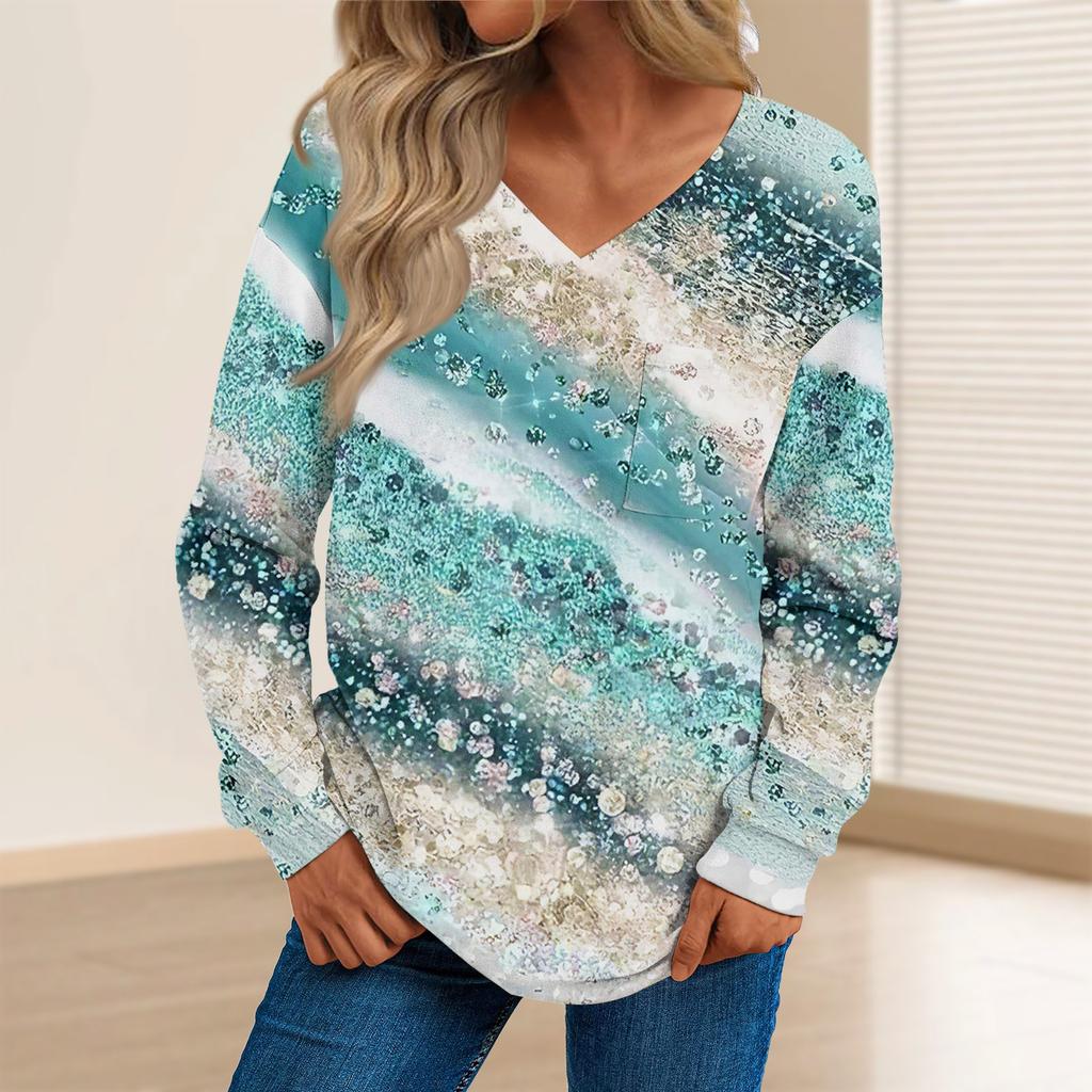 Women's Fashion Casual Long Sleeve Printed V- Neck Sweater Top