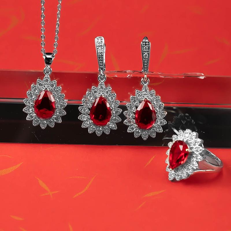 2026 Non-fading Jewelry Pigeon Blood Red Ruby Women's Fashion Light Luxury Jewelry Set Three-piece Set