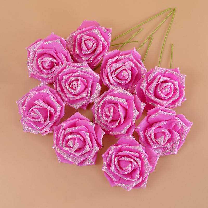 10/20 шт. искусственных розовых цветов со стеблем из пенопласта, блестящий искусственный цветочный букет, свадебные украшения для вечеринки, украшения для дома и сада
