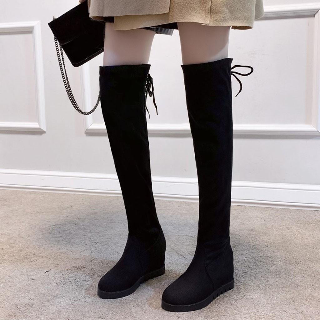 Женские теплые эластичные сапоги до колена, высокие сапоги на танкетке, студенческая обувь большого размера, ботинки