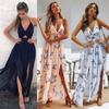 Fashion Summer Woman Sexy Print Front Slit Halter Bow Female Dress