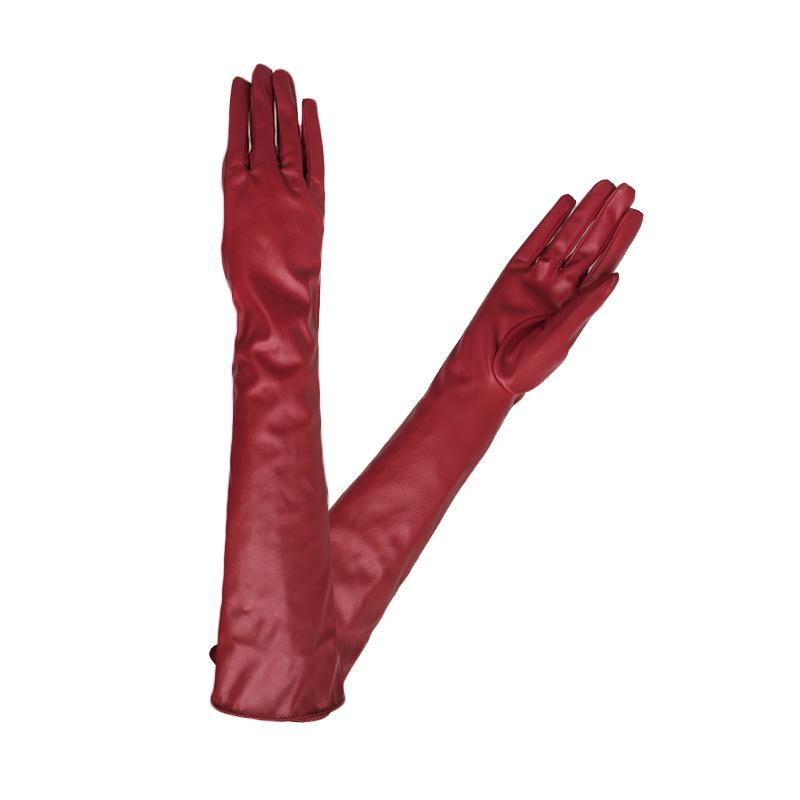 Fashion Lady Solid Color Faux Leather Full Finger Long Arm Gloves Stage Mittens