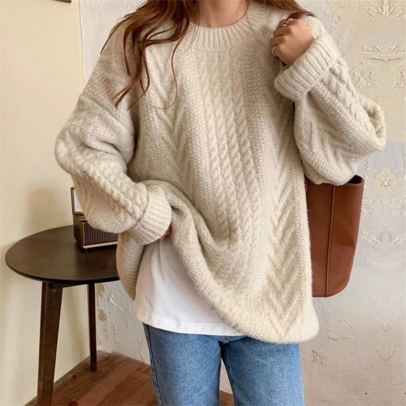 Crew Neck Retro Twist Solid Color Pullover Sweater Women's Autumn and Winter New Wool Bottoming Knitted Sweater