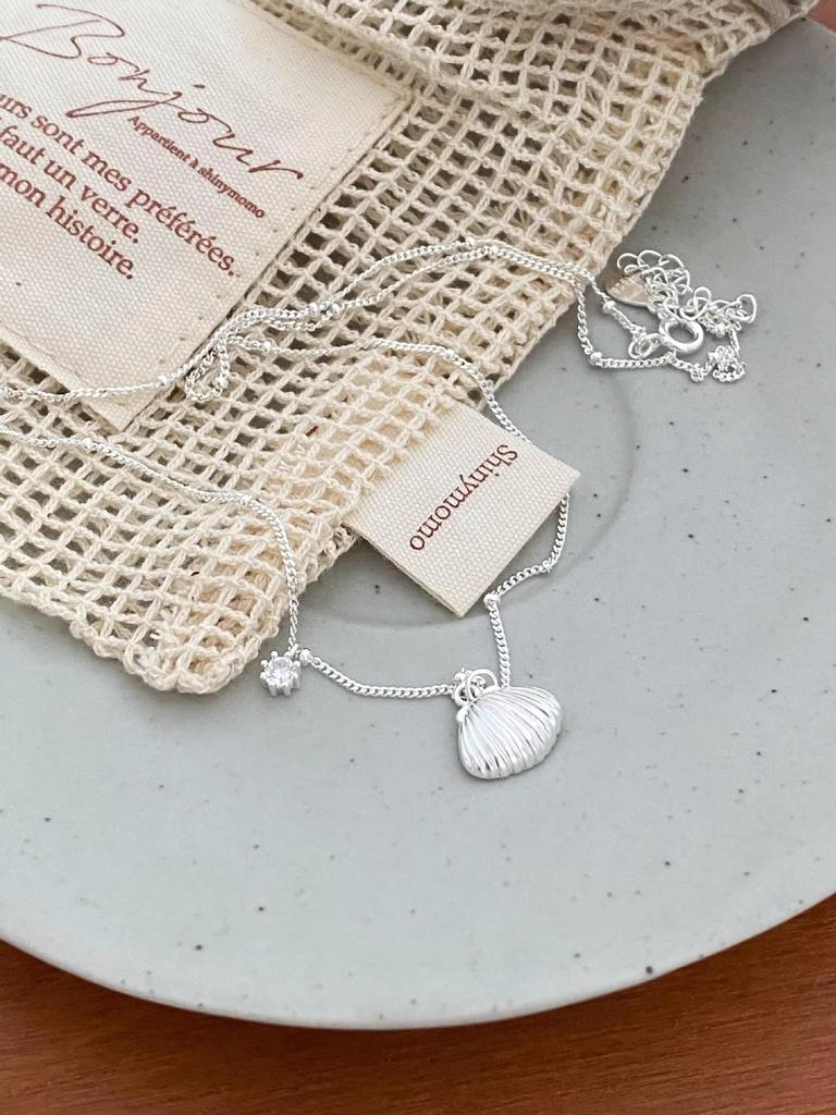 S925 Sterling Silver Christmas Scallop Necklace - Striped Shell & Bead Clavicle Chain, Korean Blogger Style