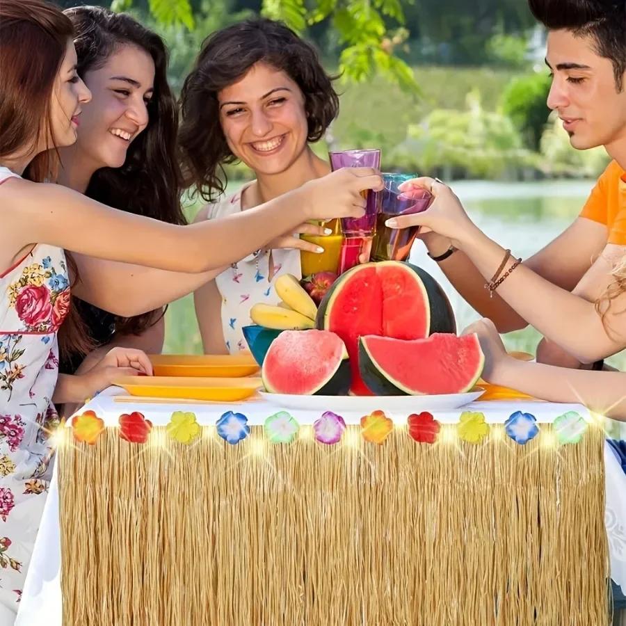 Яркая тропическая гавайская юбка для стола, легко вешается и многоразовый декор для вечеринок, луау и мероприятий на открытом воздухе - Летний декор для вечеринок