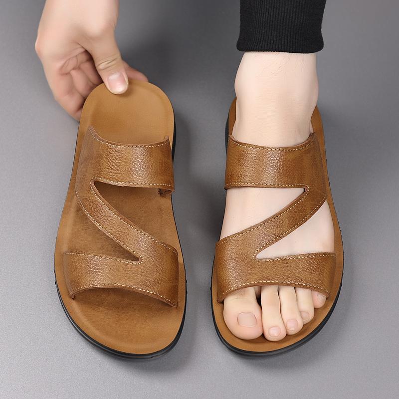 Модные новые мужские повседневные кожаные тапочки ручной работы, полузакрытые, модные мужские пляжные сандалии, дорожная летняя пляжная обувь, уличные универсальные балетки