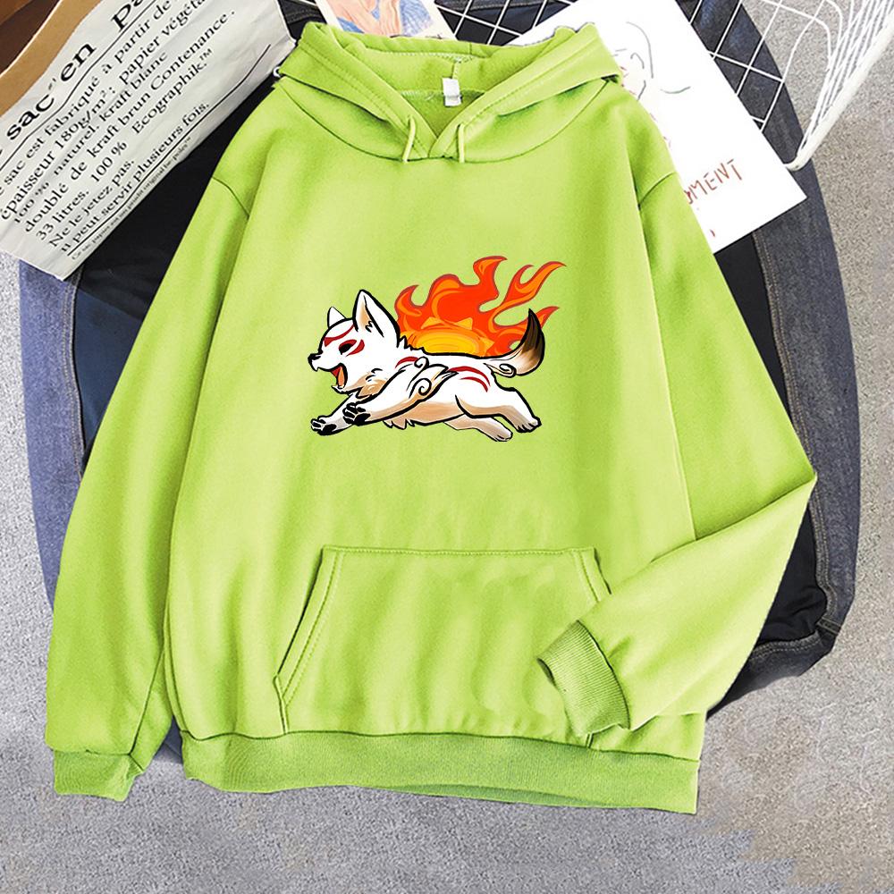 Свитшот Okami с милым мультяшным волком, толстовка с капюшоном, повседневный мужской/женский пуловер с длинным рукавом, зимняя флисовая одежда, свободный размер, толстовка Sudadera
