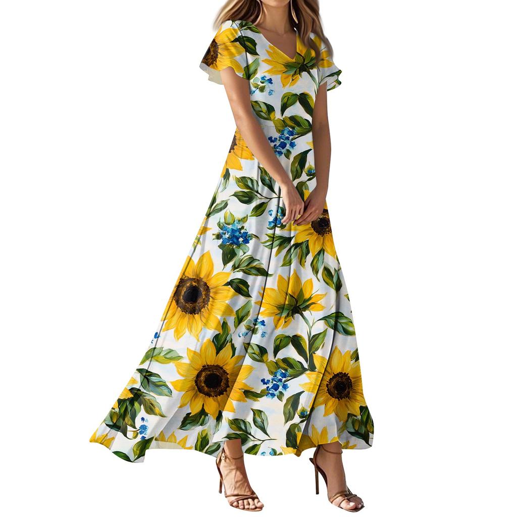 Женское повседневное платье с V-образным вырезом, коротким рукавом, высокой талией и принтом в виде цветов и листьев в стиле ретро