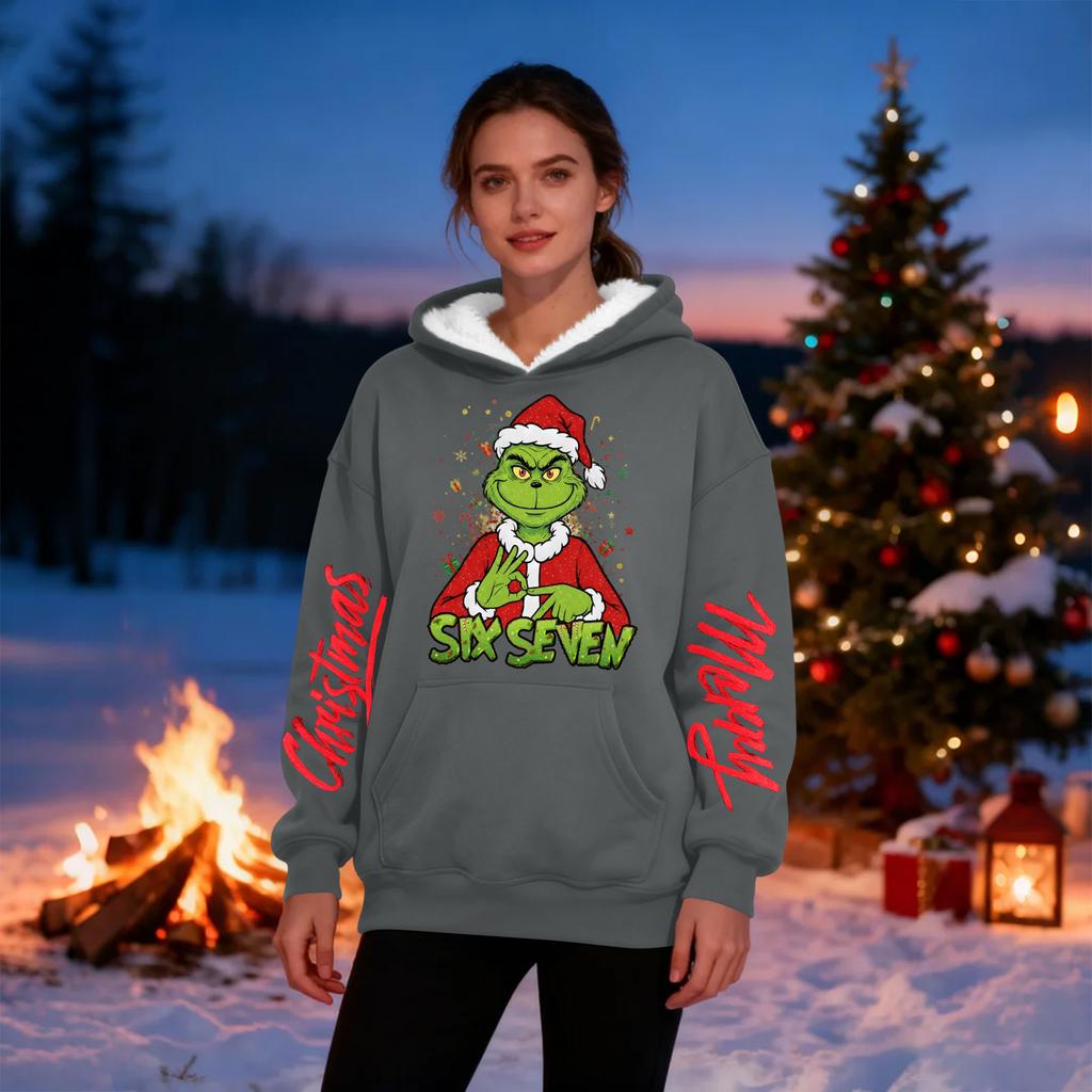 Женская повседневная модная толстовка с капюшоном большого размера, утепленная флисом, с рождественским принтом