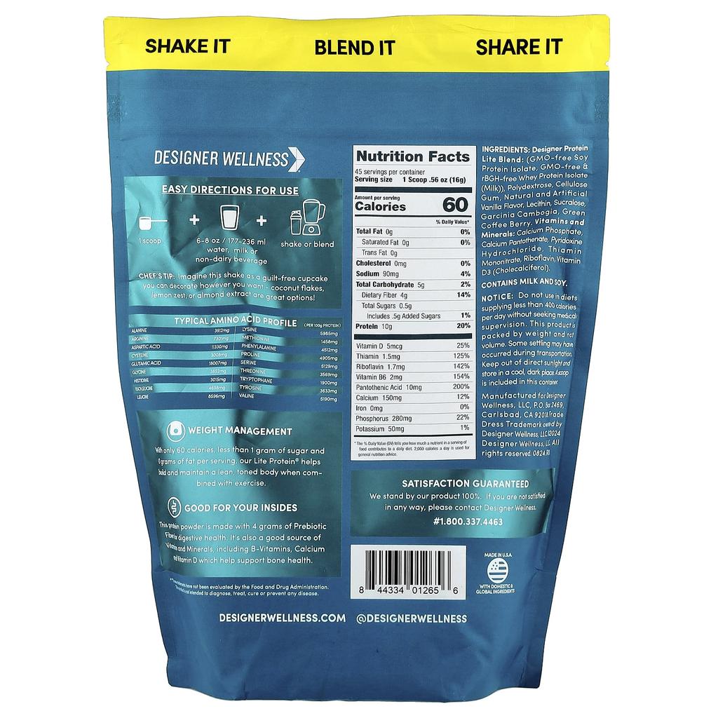 Designer Wellness Designer Lite®, Plant-Based + Whey Protein Powder, Vanilla Cupcake, 720g (1.6lb)