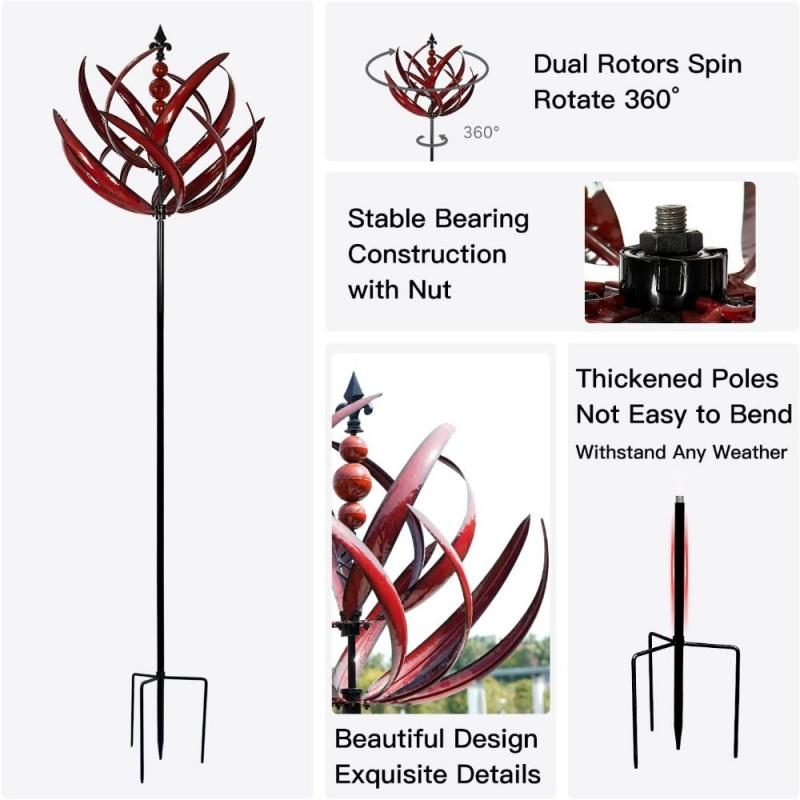 Yard Garden Wind Spinners Large Outdoor Metal Wind Spinners Sculptures, Lawn Yard Art Garden Decor (Burgundy Lotus)