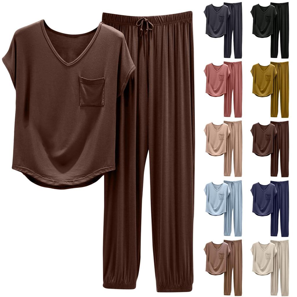 Женская мода однотонная домашняя пижама с V-образным вырезом и карманами, с короткими рукавами, универсальный костюм из двух частей