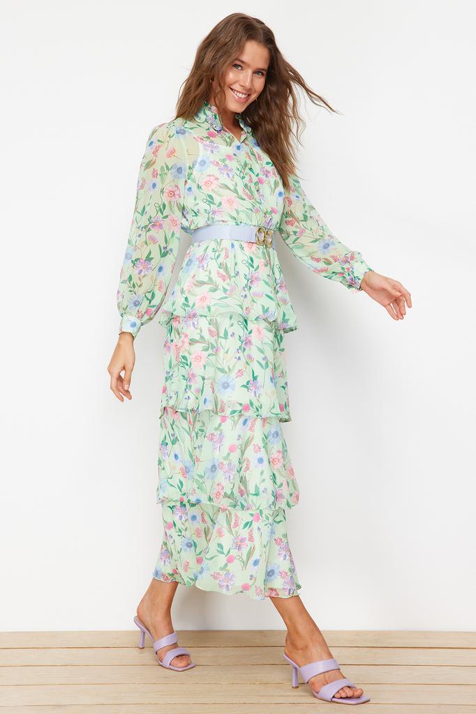 Women's Hijab Dress New Season Fashion Blue Belted Lined Chiffon Floral Woven Dress