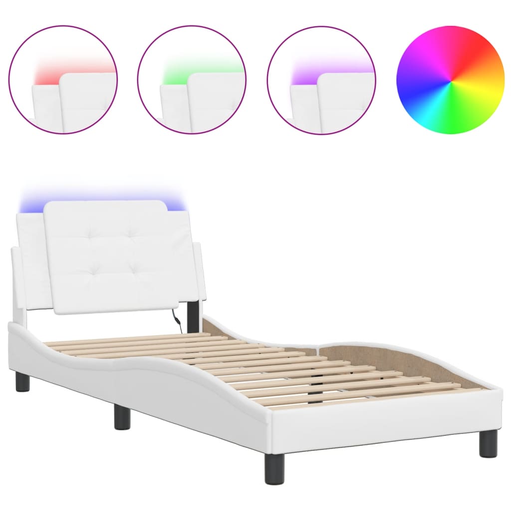 Vidaxl Rama Łóżka Z Led, Biała, 90X200 Cm, Sztuczna Skóra