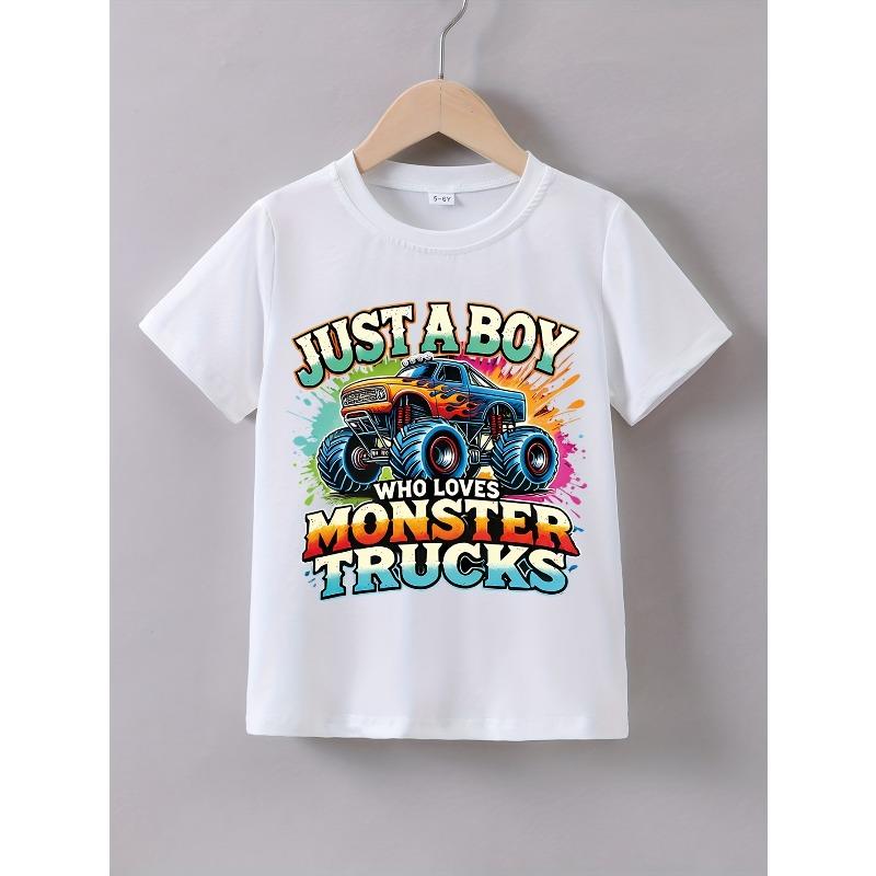 European sizes A Summer Short-Sleeve T-Shirt for Boys That Says 'Just a Boy Who Loves Monster Trucks.'