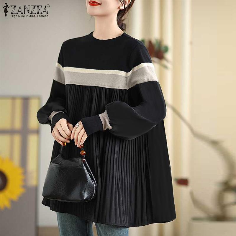 ZANZEA Женская повседневная свободная блузка с длинным рукавом и круглым вырезом