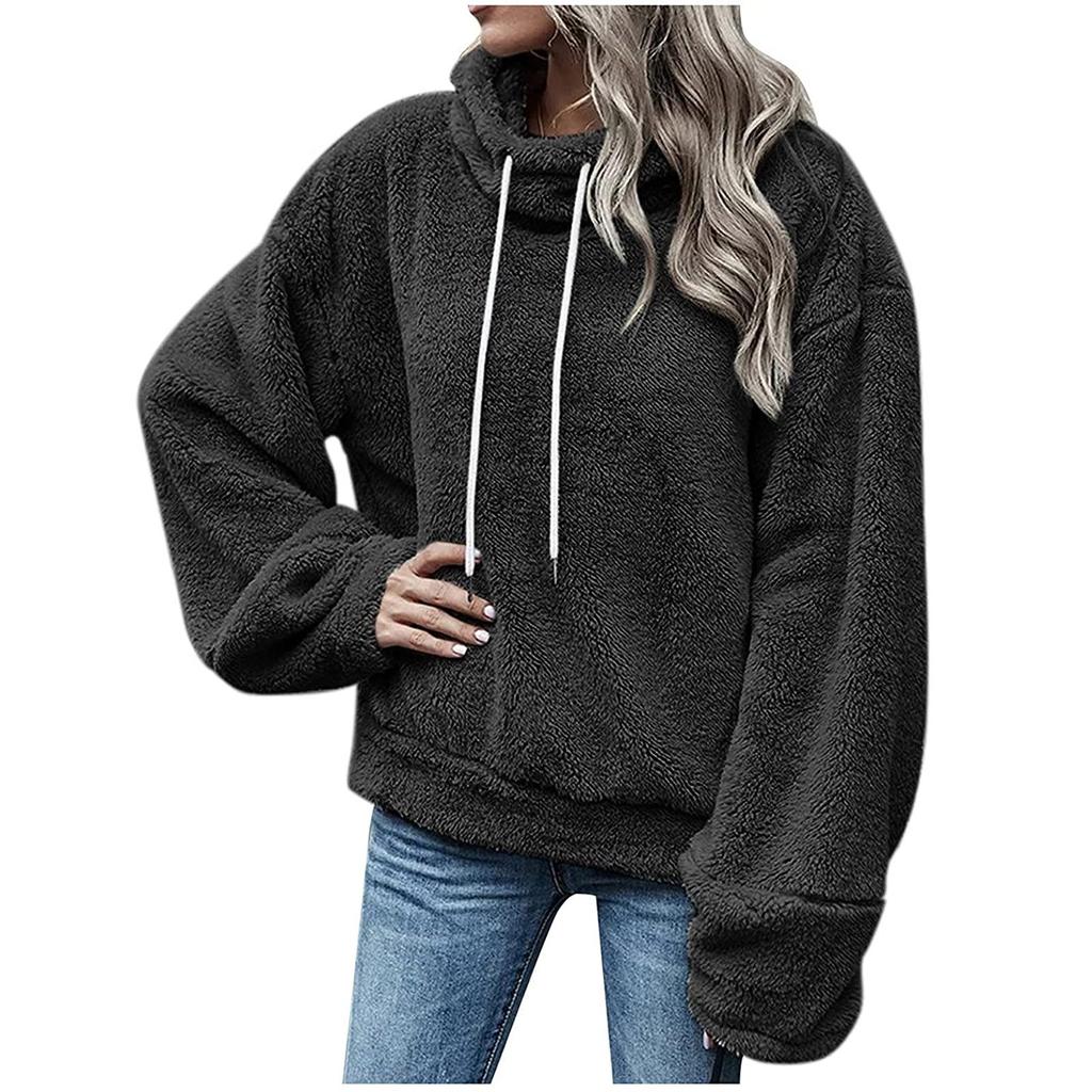 Женская мода для отдыха, однотонный пуловер с длинными рукавами и плюшевым пальто на шнурке, верх