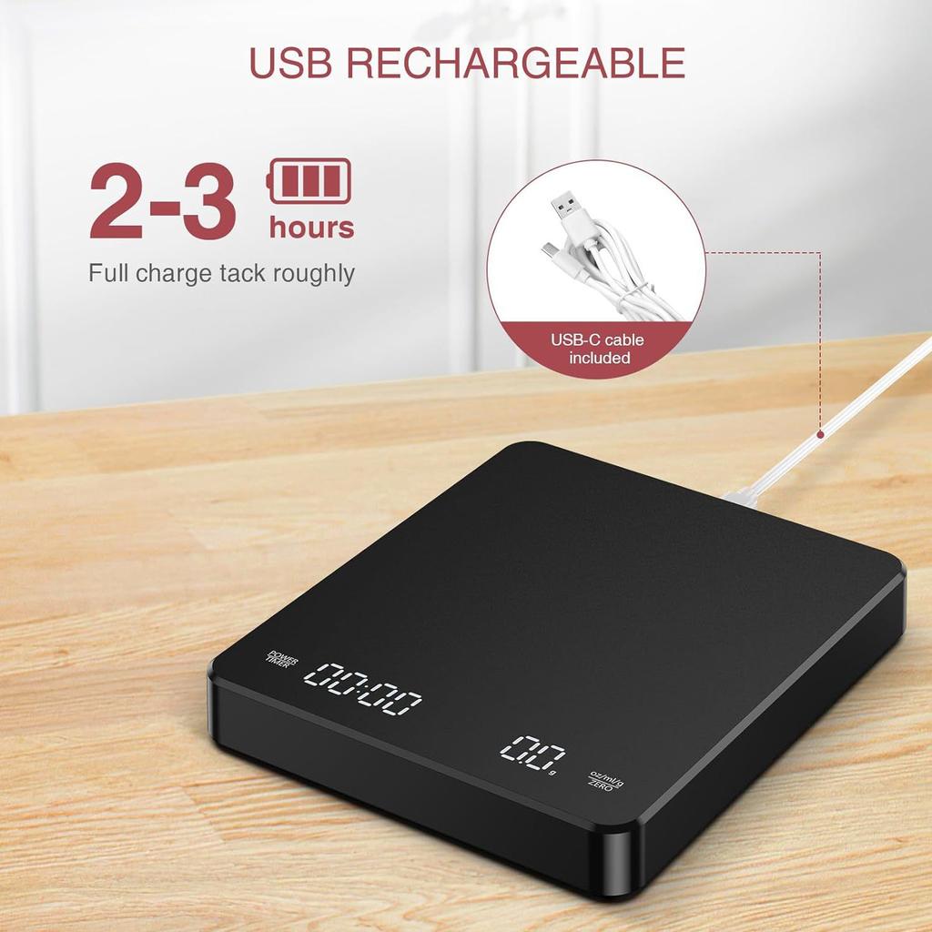Цифровые весы для кофе с таймером, светодиодным экраном, зарядкой по USB, макс. вес 3 кг, точность измерения 0,1 г, высокоточные кухонные весы с теплоизоляционной прокладкой