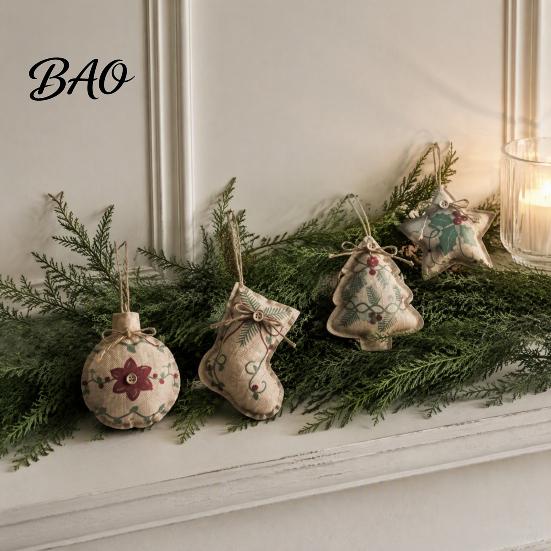 Retro Holiday Home Decor Accents Burlap Christmas Ornaments, Rustic Linen Fabric Hanging Decoration, Tree Ball Stocking Five Pointed Star Toppers