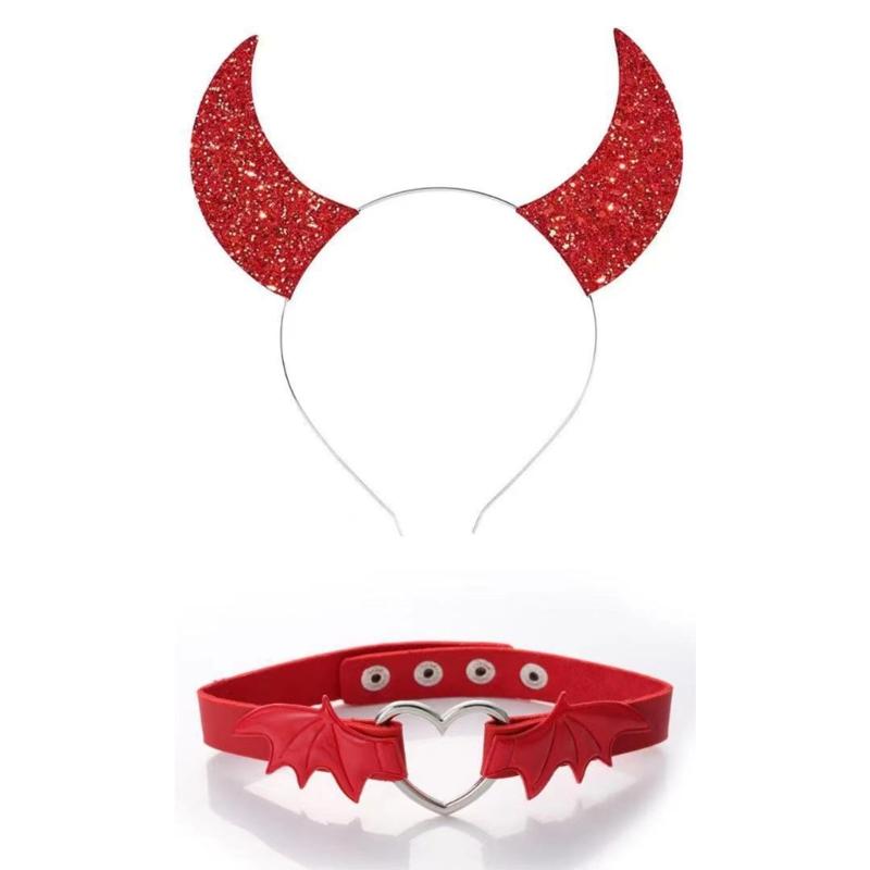 Готический Темный Блестящий Чокер-Коллар для Девочек с Розой и Дьявольским Крылом, Набор Ободков для Волос с Готическим Крылом Летучей Мыши, Универсальный Чокер