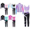 Kids Girls Sports Set Contrast Color Athletic Shirt U Neck Sleeveless Vest with Colorblock Leggings and Long Sleeve Stylish Print Zipper Sweatshirt