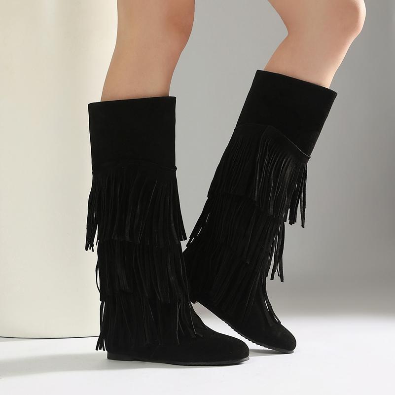 FOREADA Women Knee High Boots Round Toe Height Increasing High Heels Tassel Long Boots Ladies Fashion Shoes Winter Pink 46